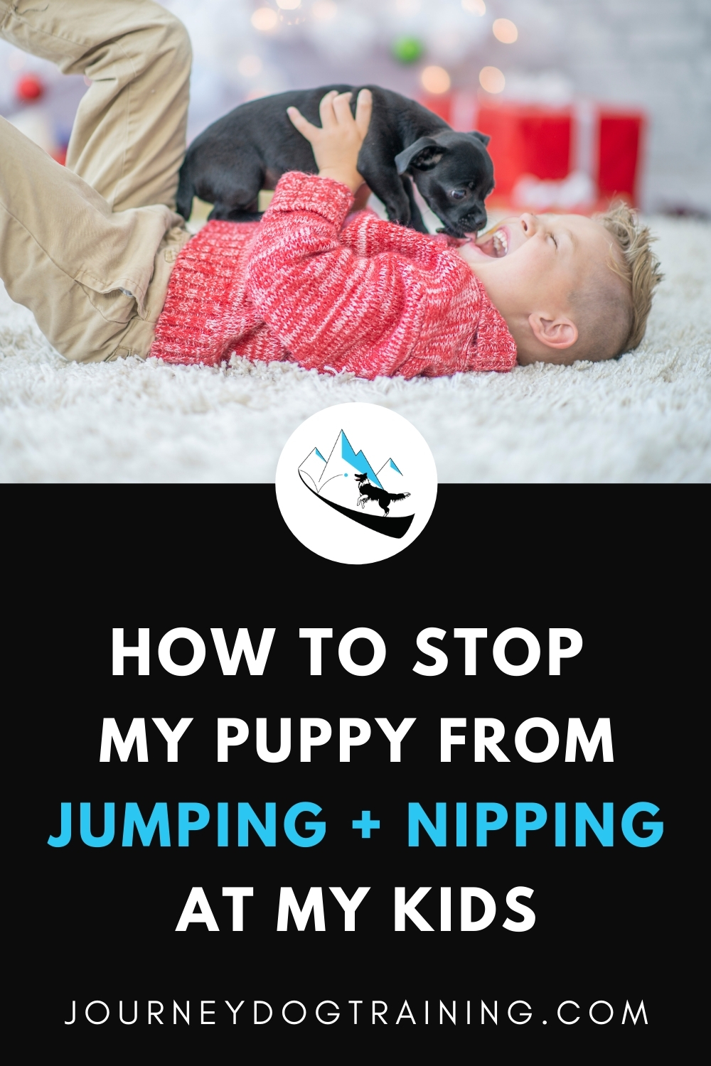 How to stop my puppy from jumping + nipping at my kids. This is a two-fold problem: teaching the baby puppy to be a bit more polite, and teaching your child how to interact with the puppy so that they both can have fun. https://journeydogtraining.com/my-child-is-scared-of-my-jumpy-bitey-puppy-now-what/